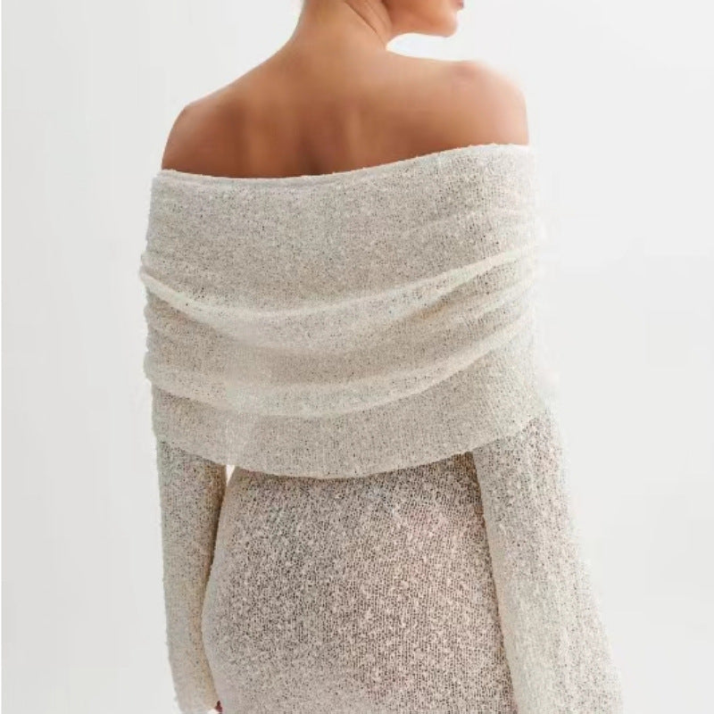 Robe Pull Tricotée à Épaules Dénudées – Élégance Printanière