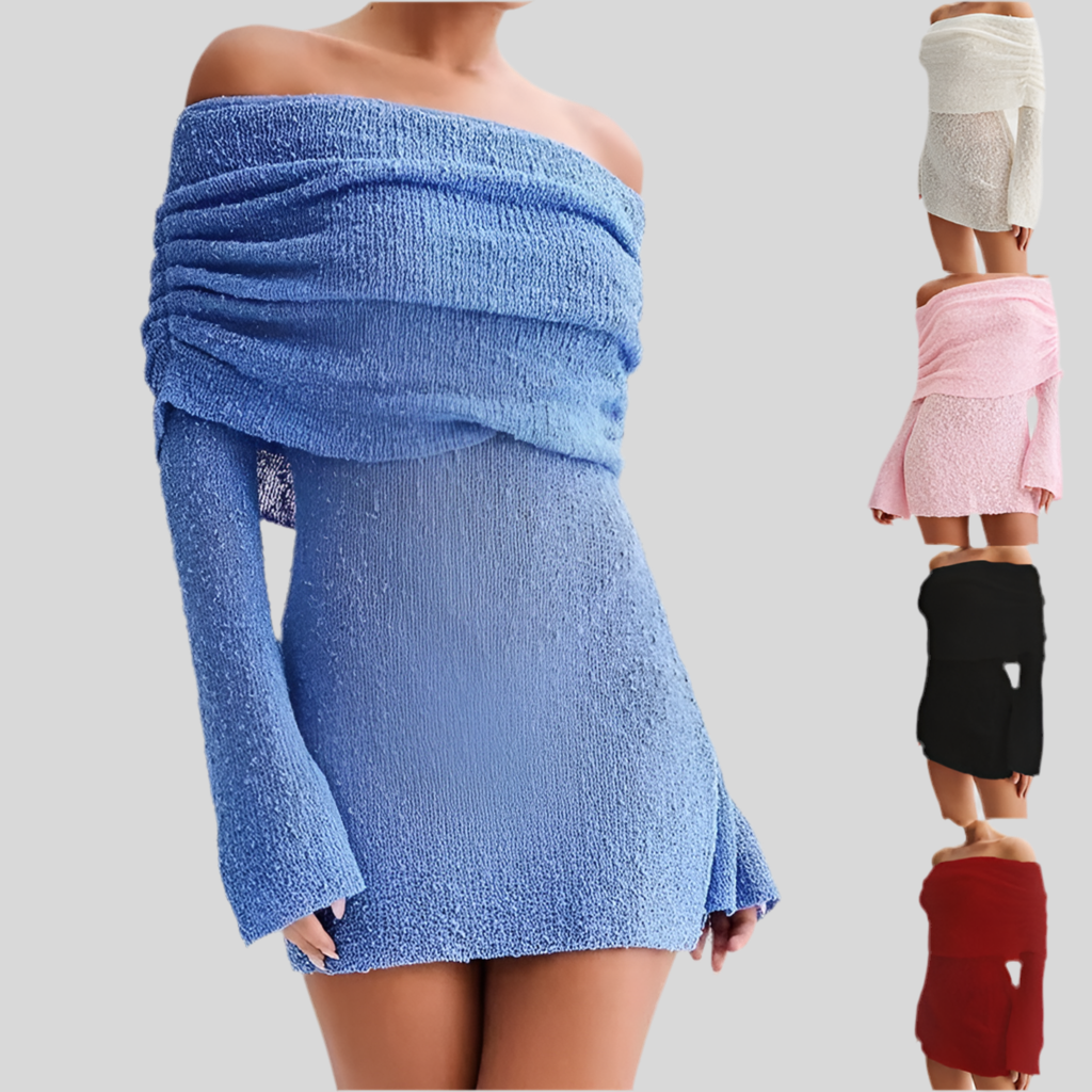 Robe Pull Tricotée à Épaules Dénudées – Élégance Printanière