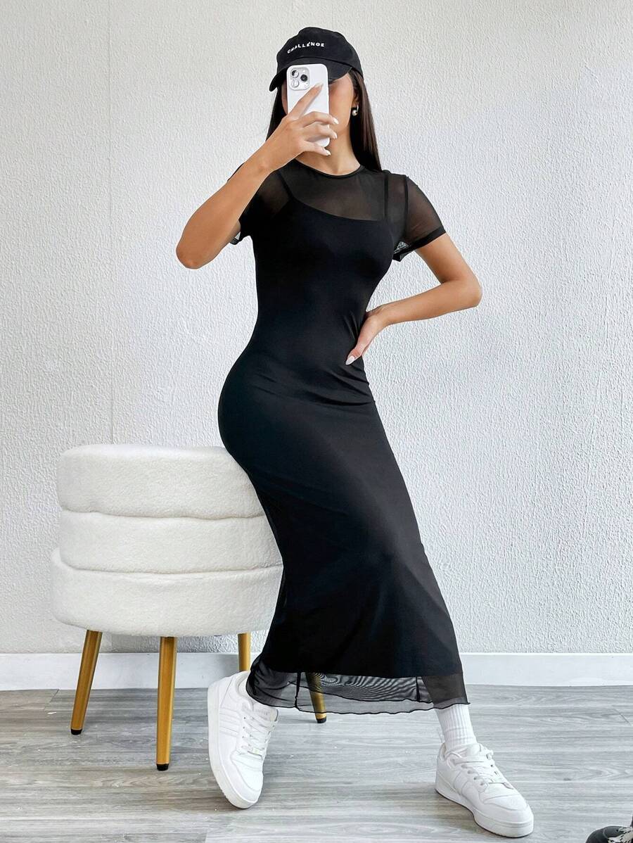 Robe Crayon Maxi en Tulle Contrasté