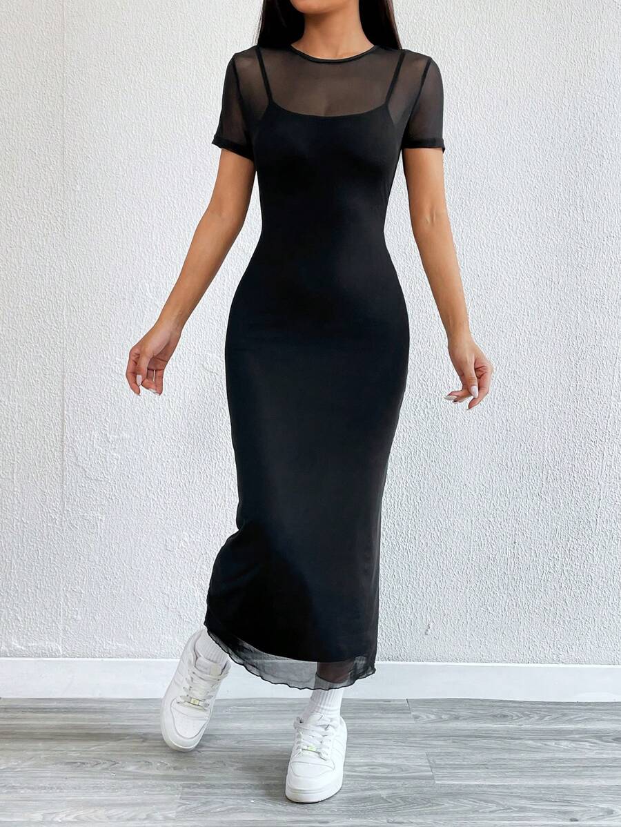 Robe Crayon Maxi en Tulle Contrasté