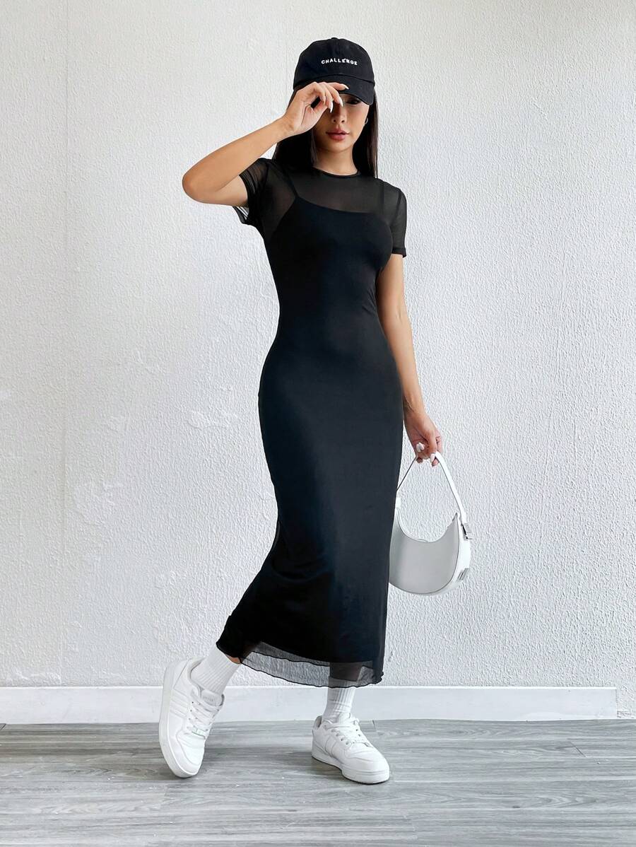 Robe Crayon Maxi en Tulle Contrasté