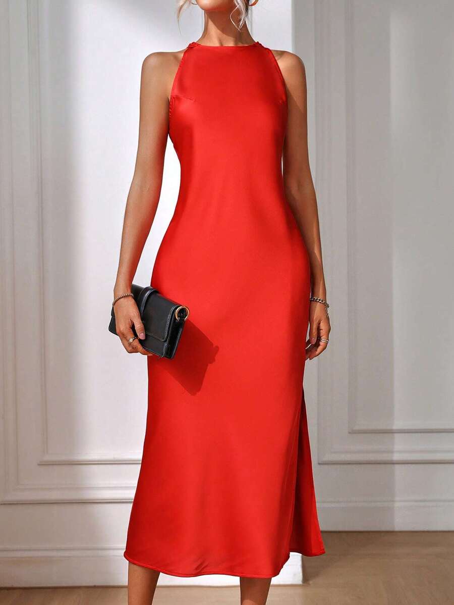 Robe Maxi Fendue Verte Élégante en Soie