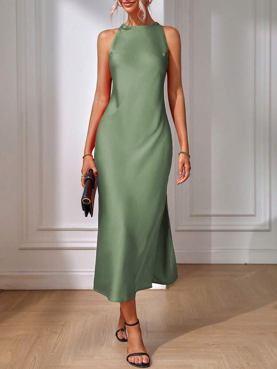 Robe Maxi Fendue Verte Élégante en Soie