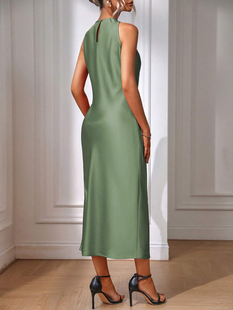 Robe Maxi Fendue Verte Élégante en Soie