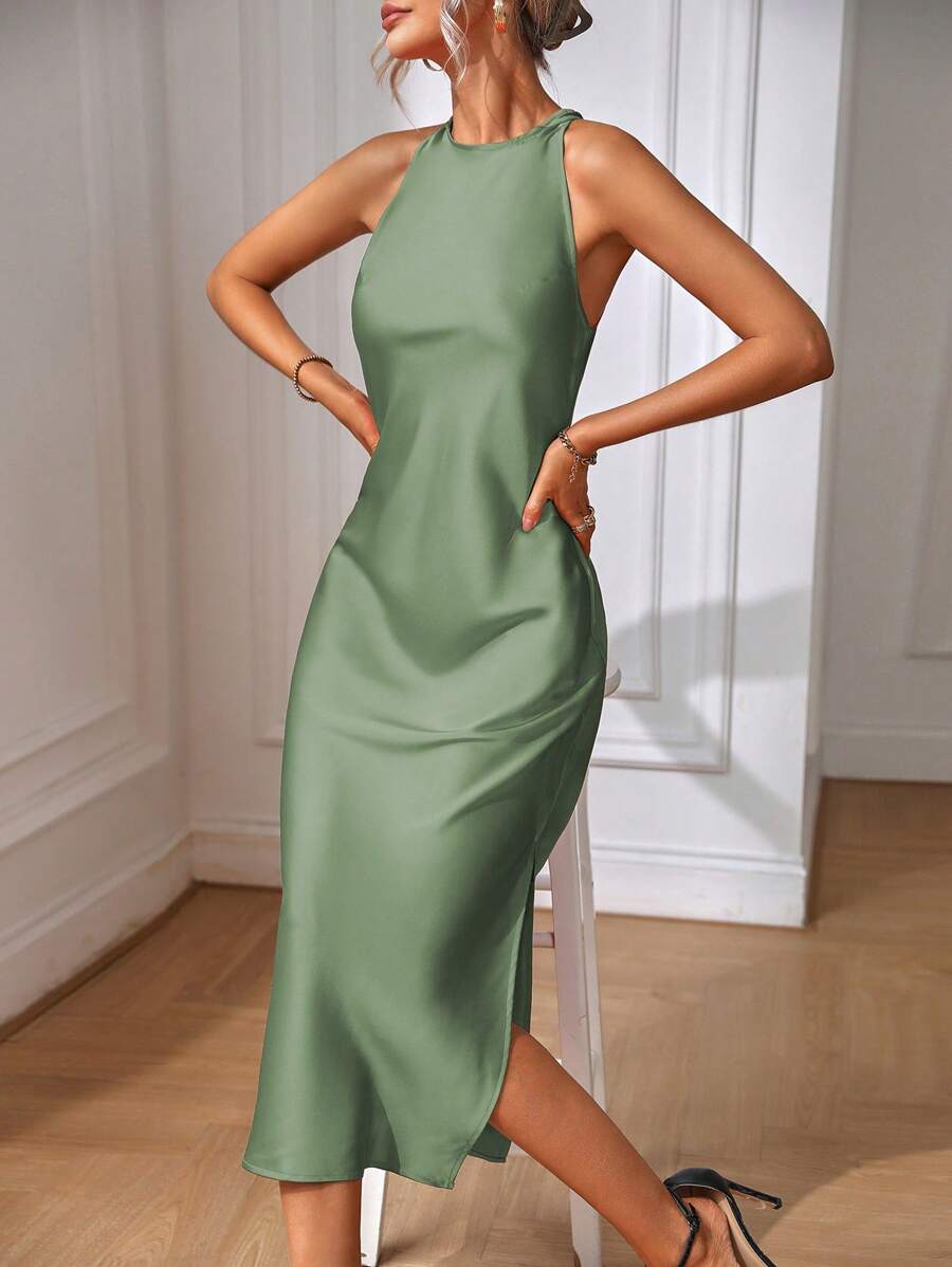Robe Maxi Fendue Verte Élégante en Soie