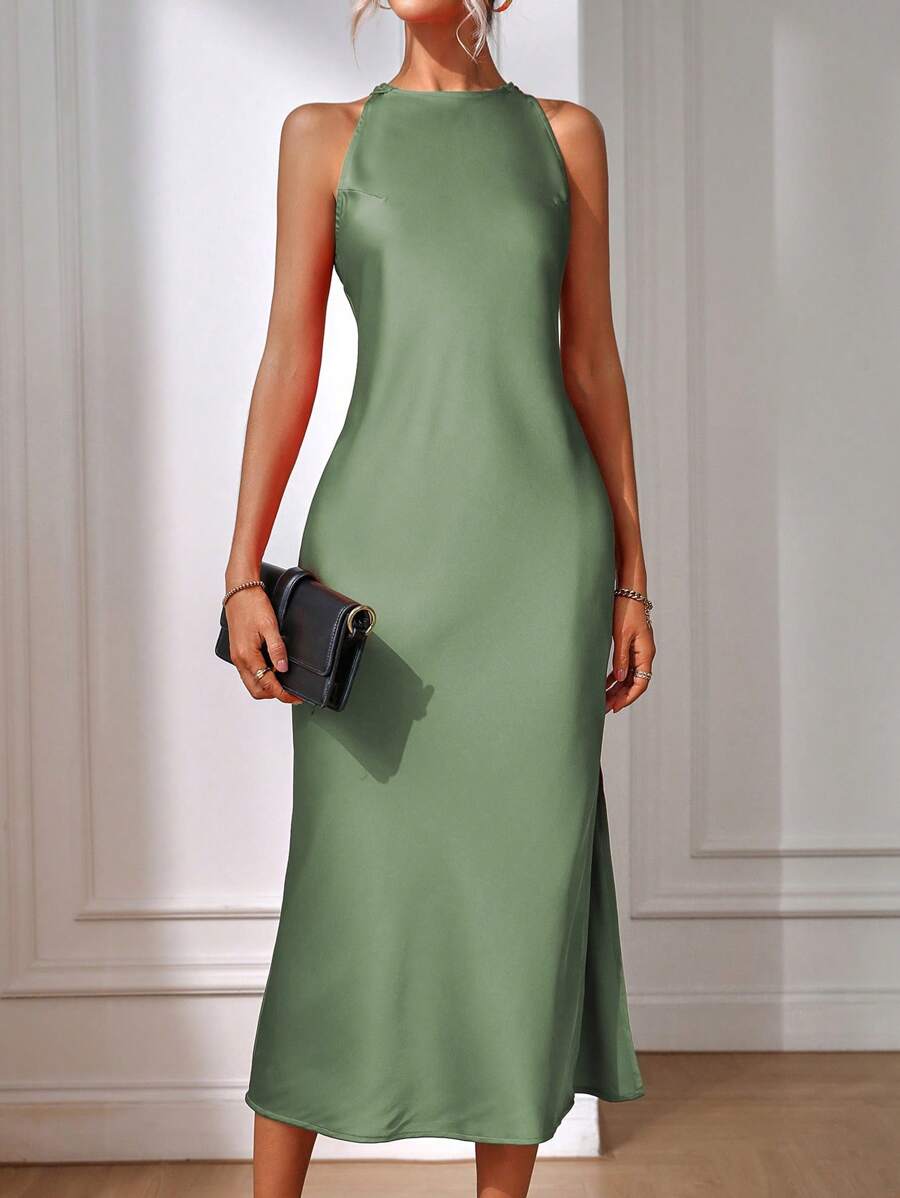 Robe Maxi Fendue Verte Élégante en Soie