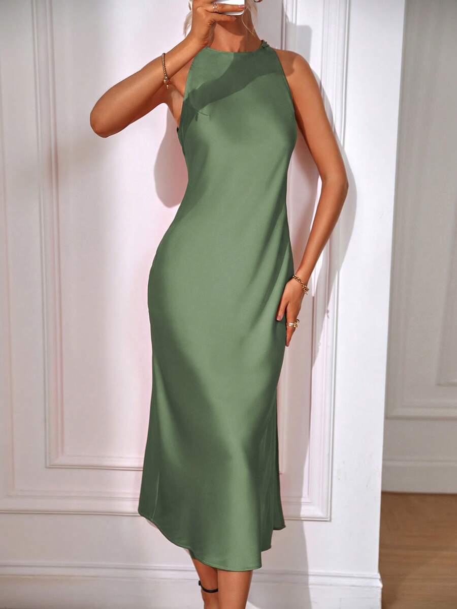 Robe Maxi Fendue Verte Élégante en Soie