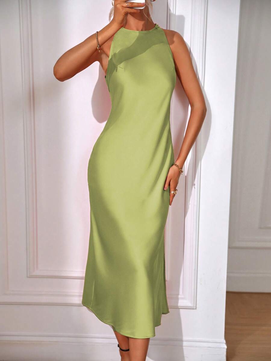 Robe Maxi Fendue Verte Élégante en Soie