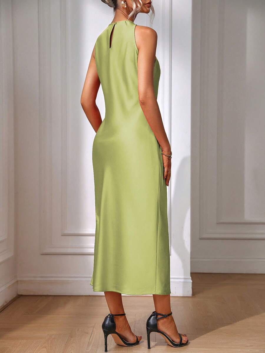 Robe Maxi Fendue Verte Élégante en Soie