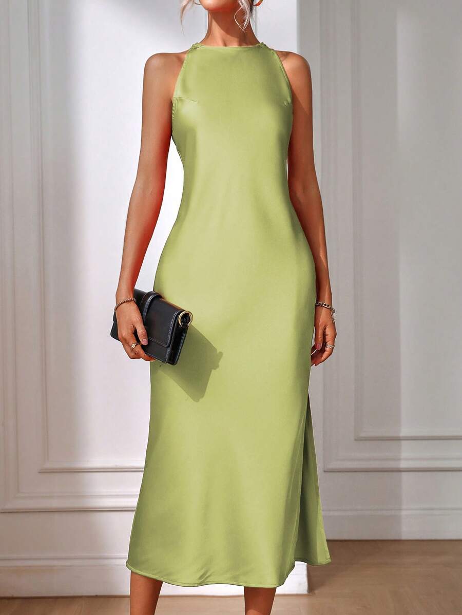 Robe Maxi Fendue Verte Élégante en Soie