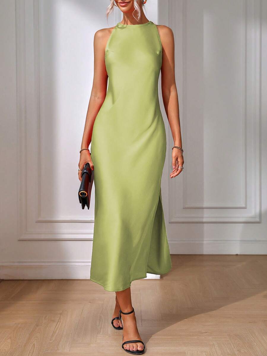 Robe Maxi Fendue Verte Élégante en Soie
