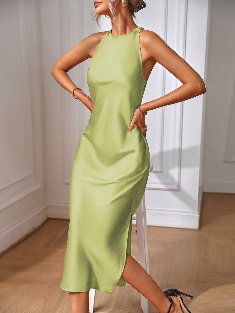 Robe Maxi Fendue Verte Élégante en Soie