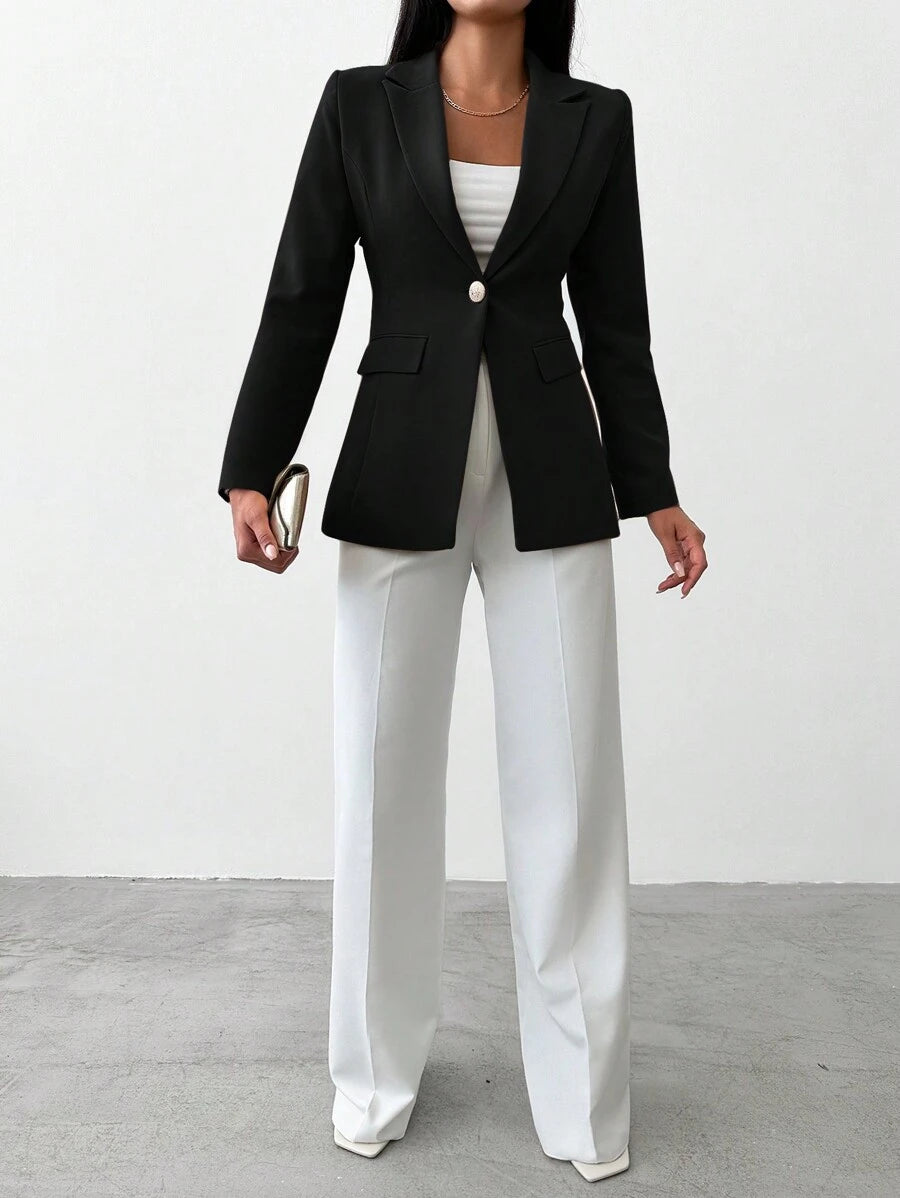 Blazer Femme à Col Revers et Bouton Unique