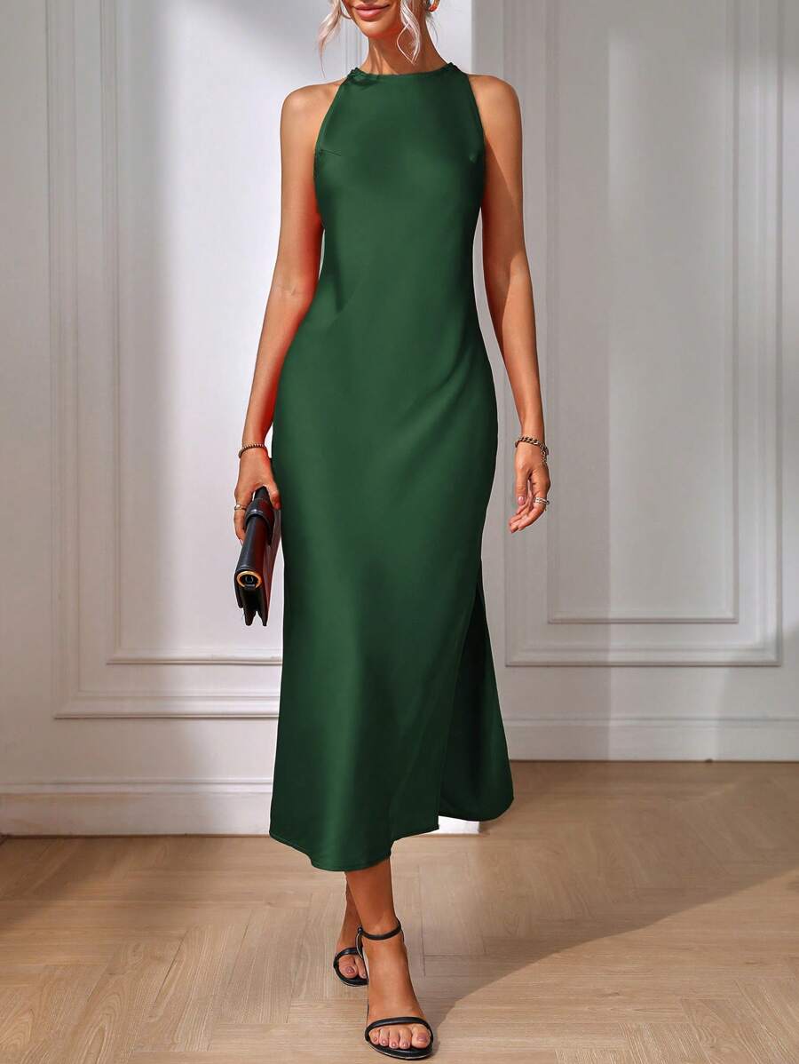 Robe Maxi Fendue Verte Élégante en Soie