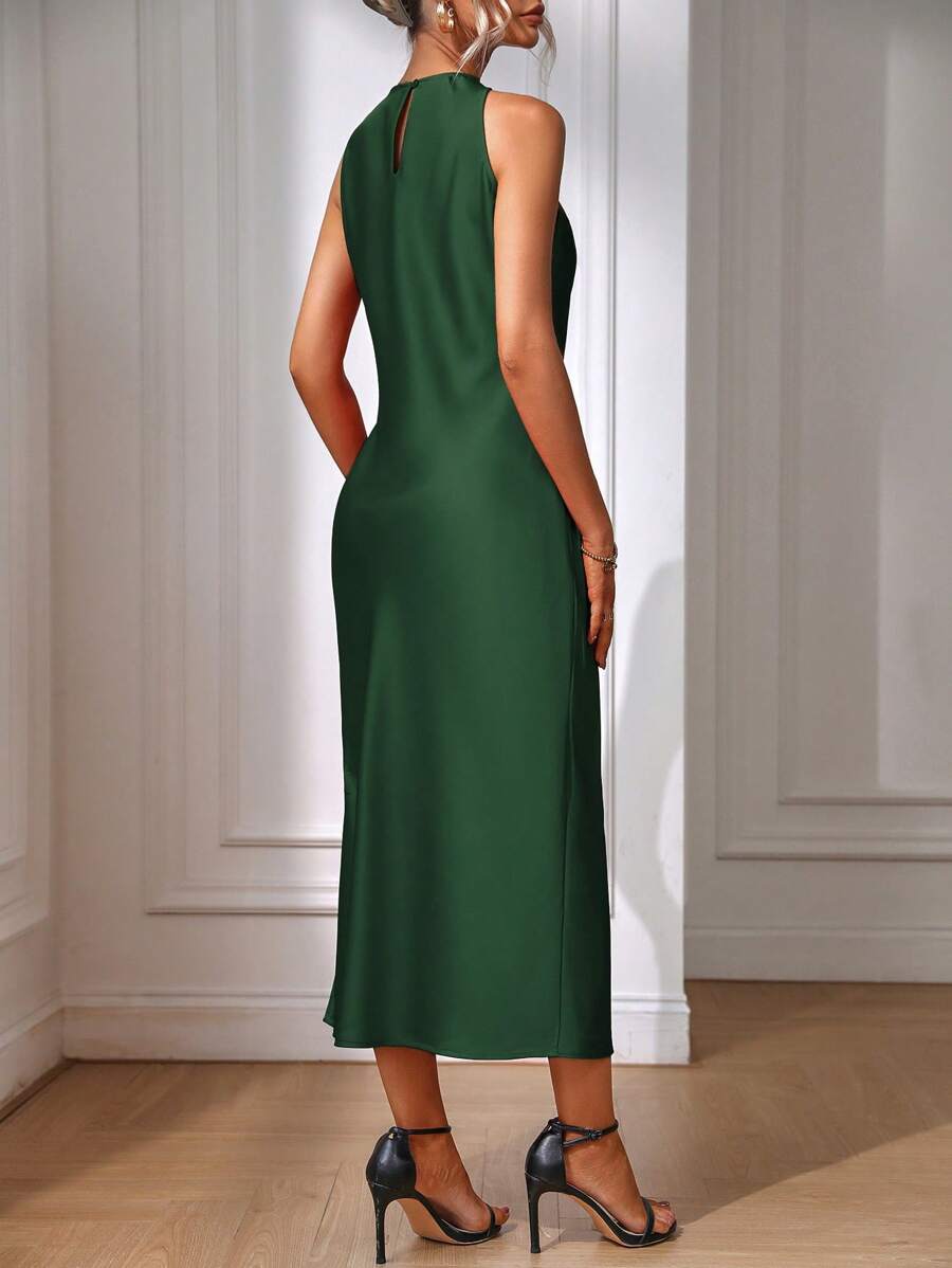 Robe Maxi Fendue Verte Élégante en Soie