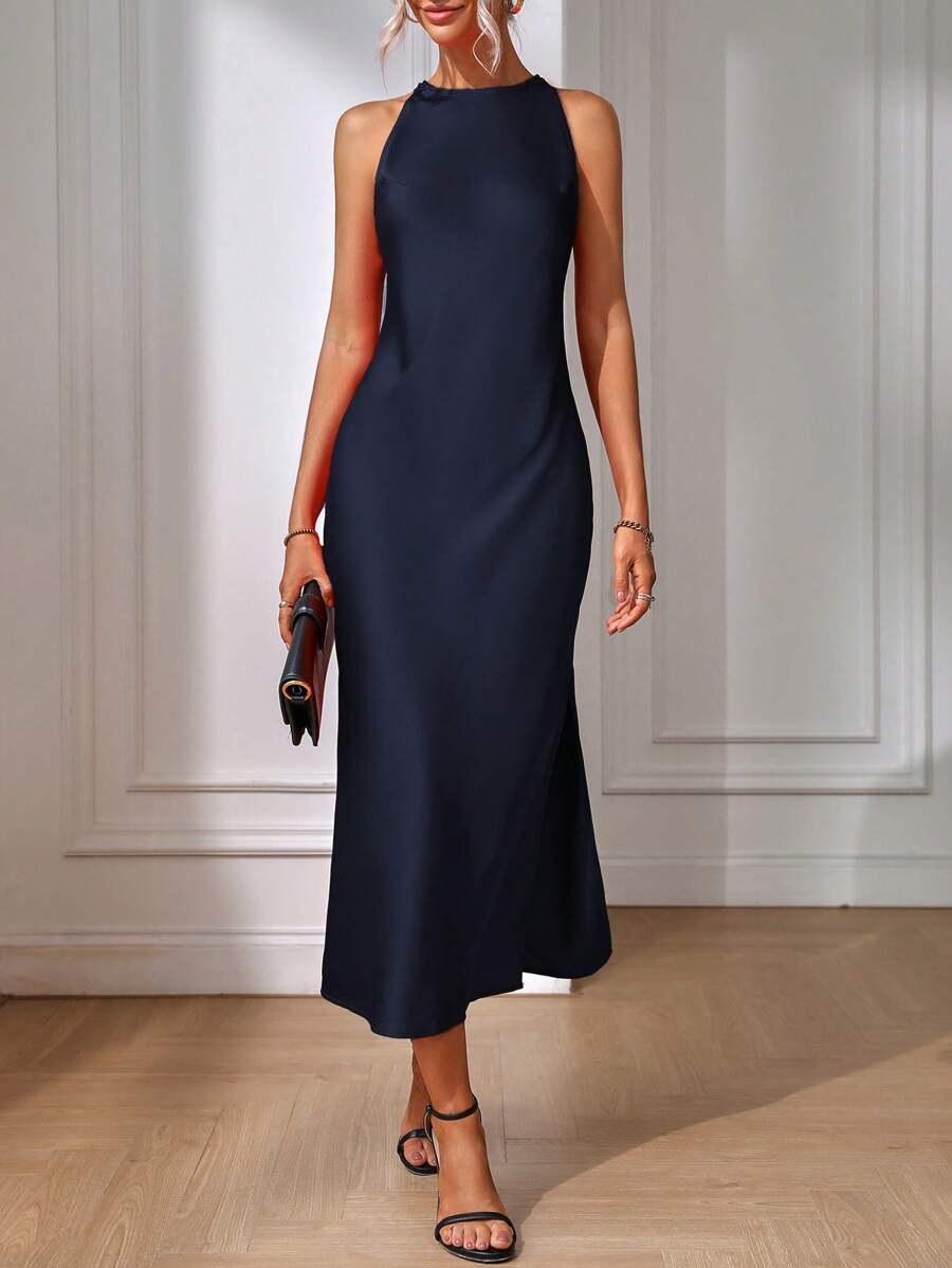 Robe Maxi Fendue Verte Élégante en Soie