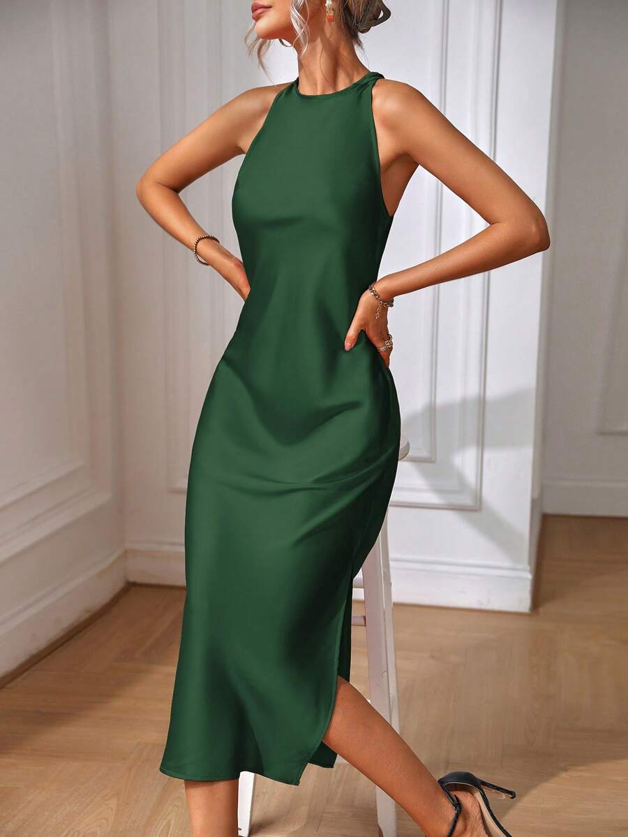 Robe Maxi Fendue Verte Élégante en Soie