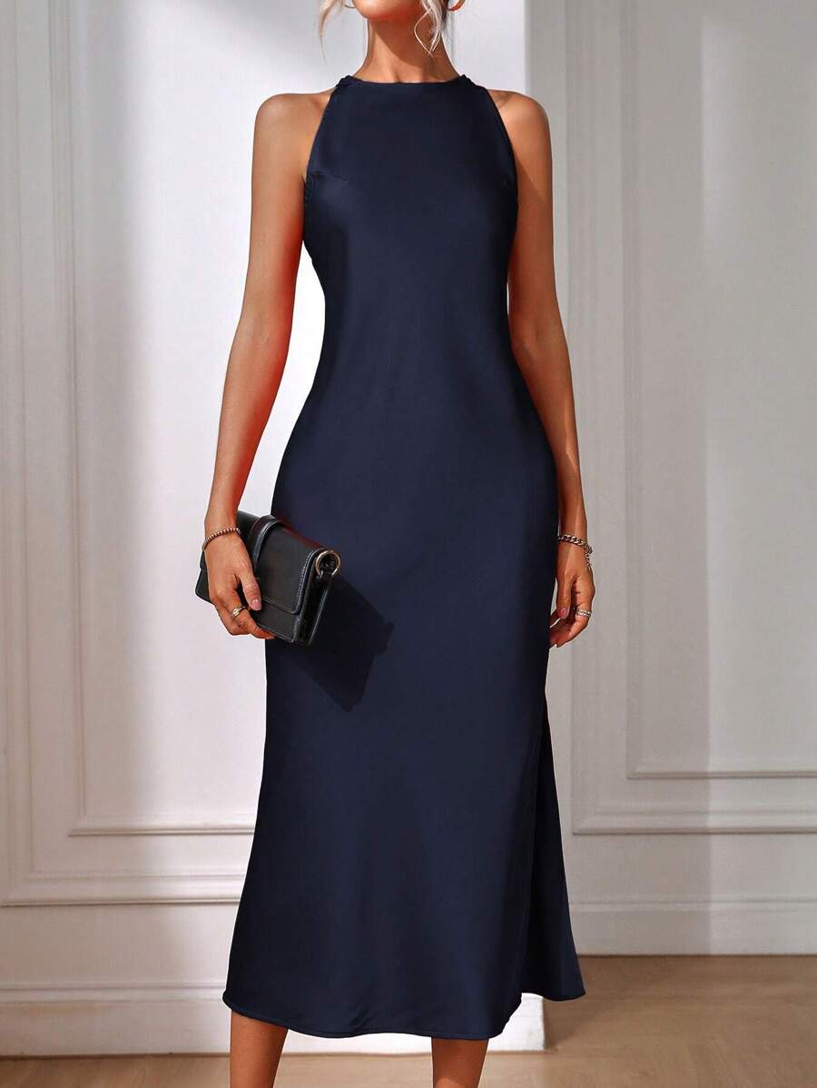 Robe Maxi Fendue Verte Élégante en Soie