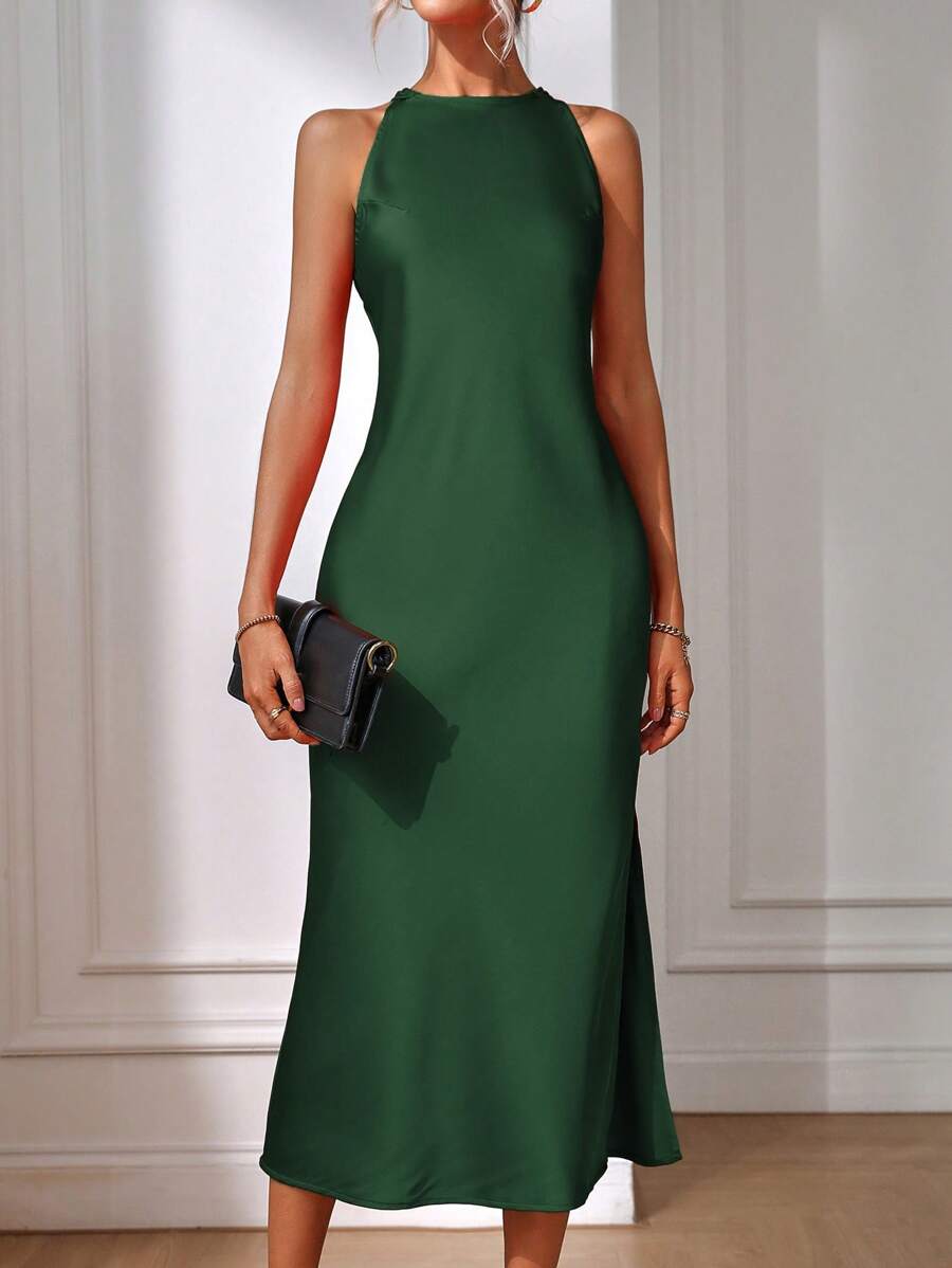 Robe Maxi Fendue Verte Élégante en Soie