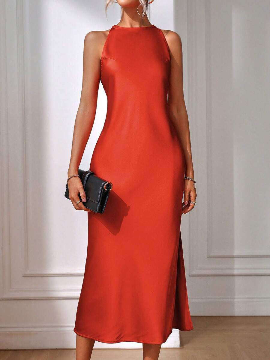Robe Maxi Fendue Verte Élégante en Soie
