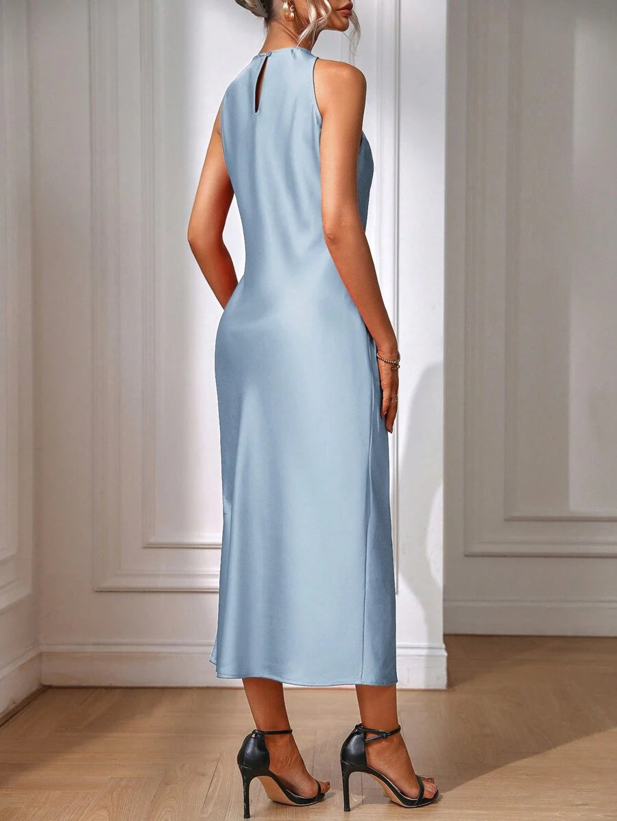 Robe Maxi Fendue Verte Élégante en Soie