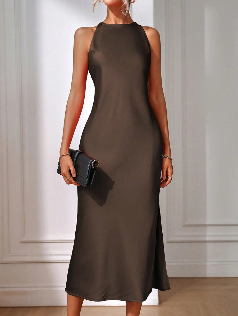 Robe Maxi Fendue Verte Élégante en Soie