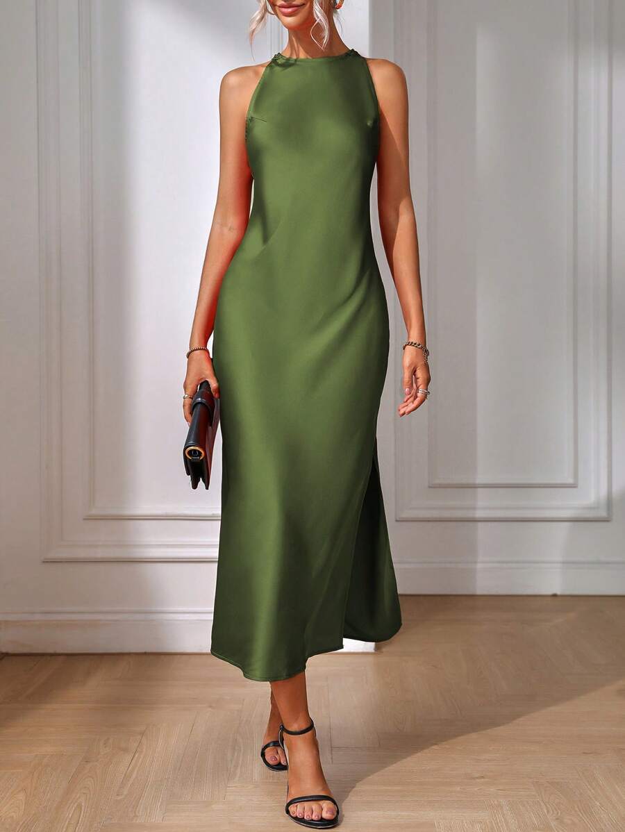 Robe Maxi Fendue Verte Élégante en Soie