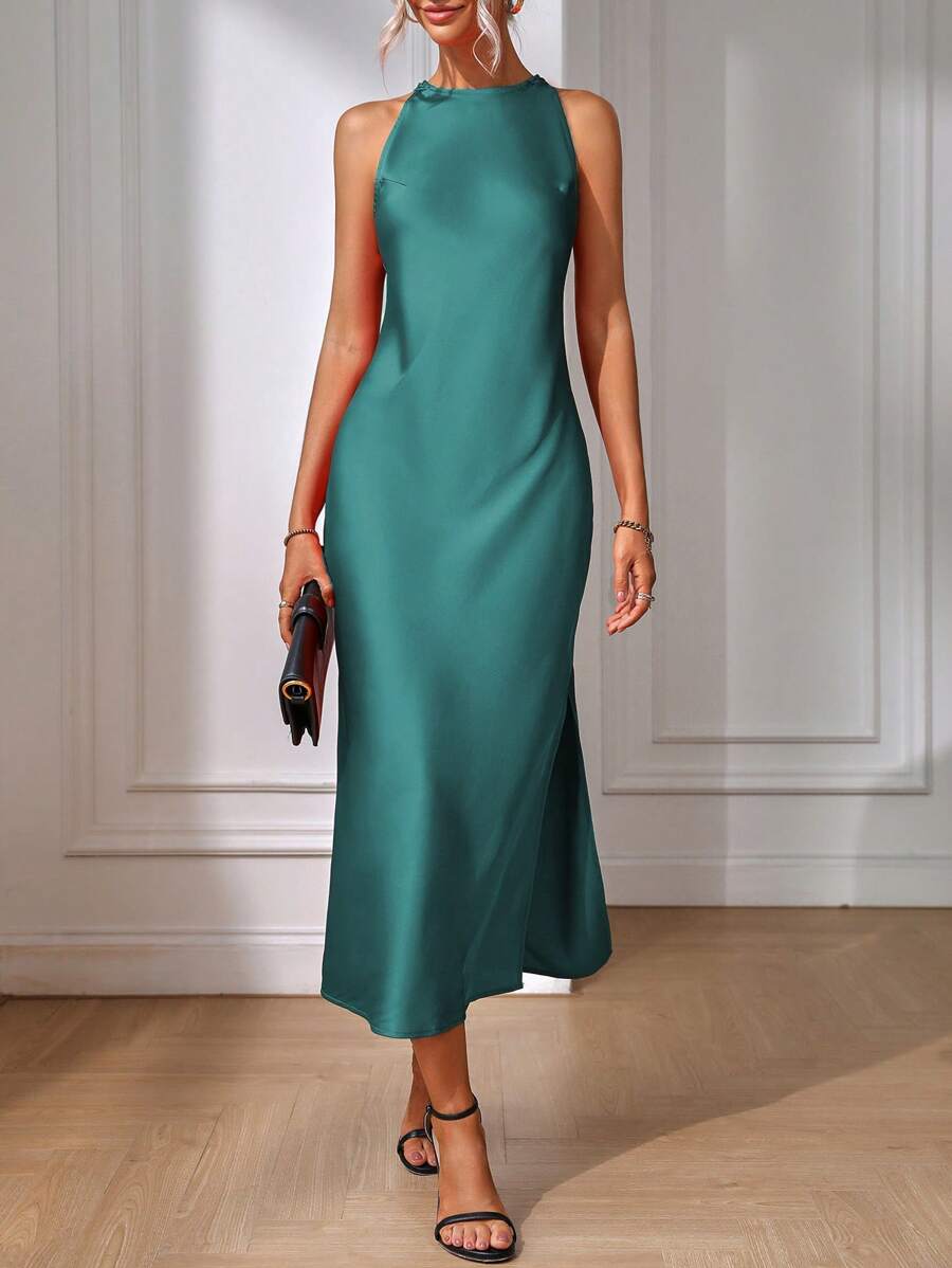 Robe Maxi Fendue Verte Élégante en Soie