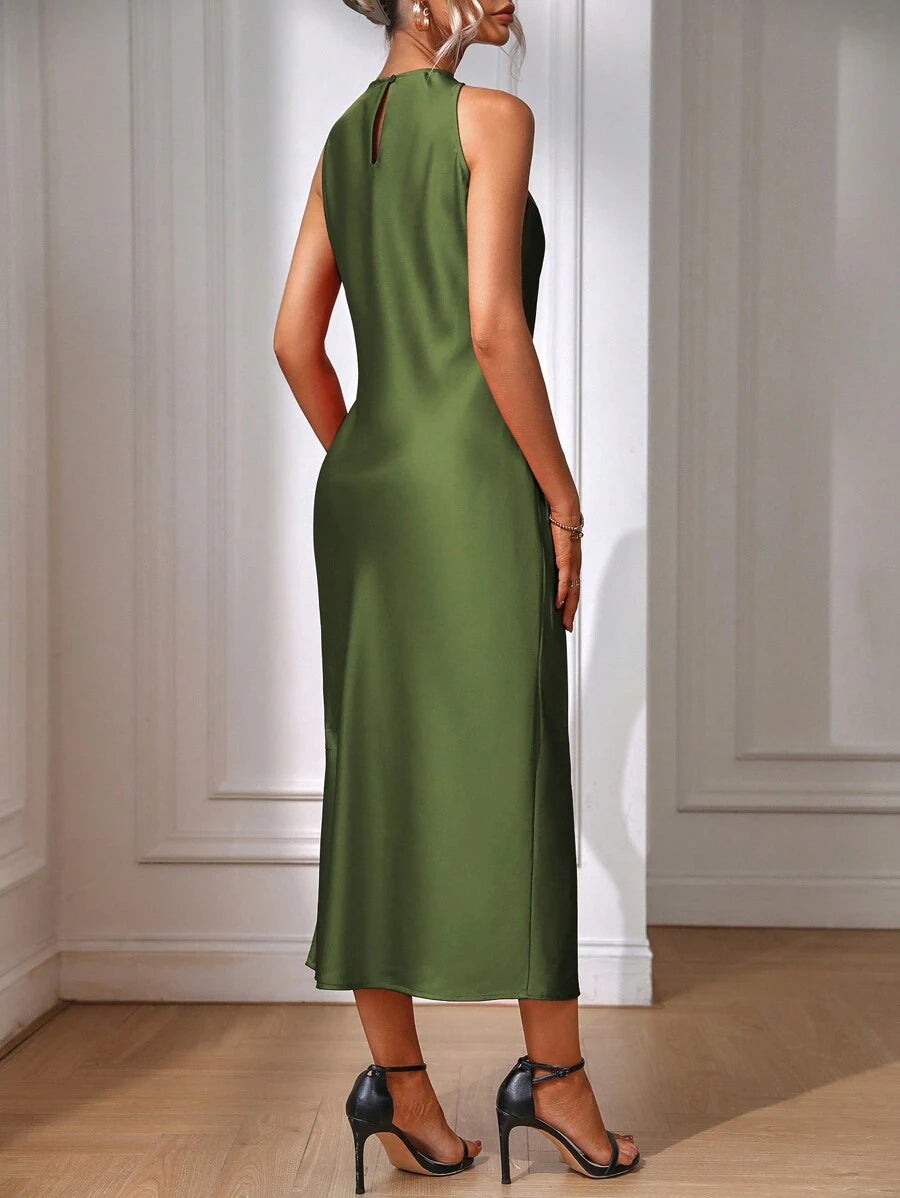 Robe Maxi Fendue Verte Élégante en Soie