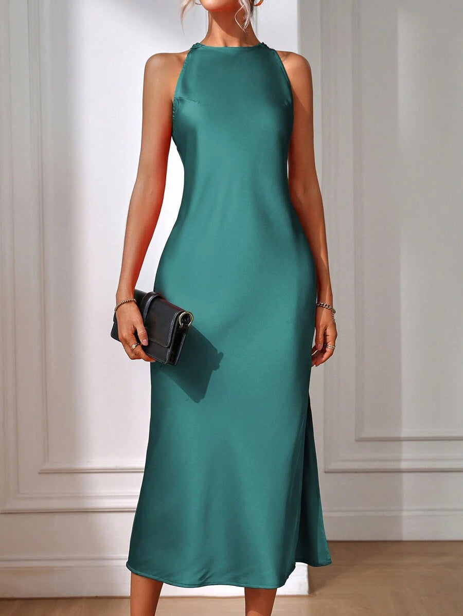 Robe Maxi Fendue Verte Élégante en Soie