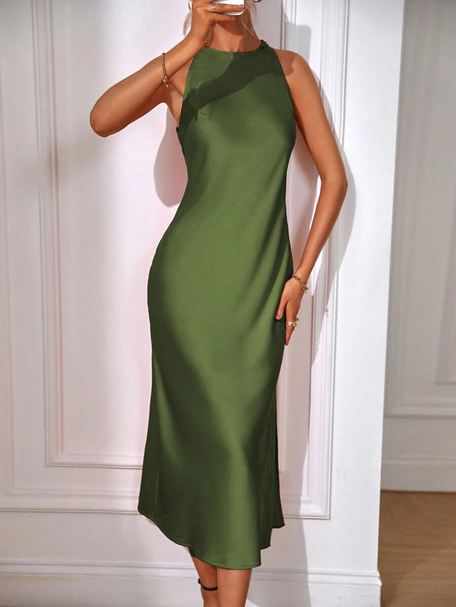 Robe Maxi Fendue Verte Élégante en Soie