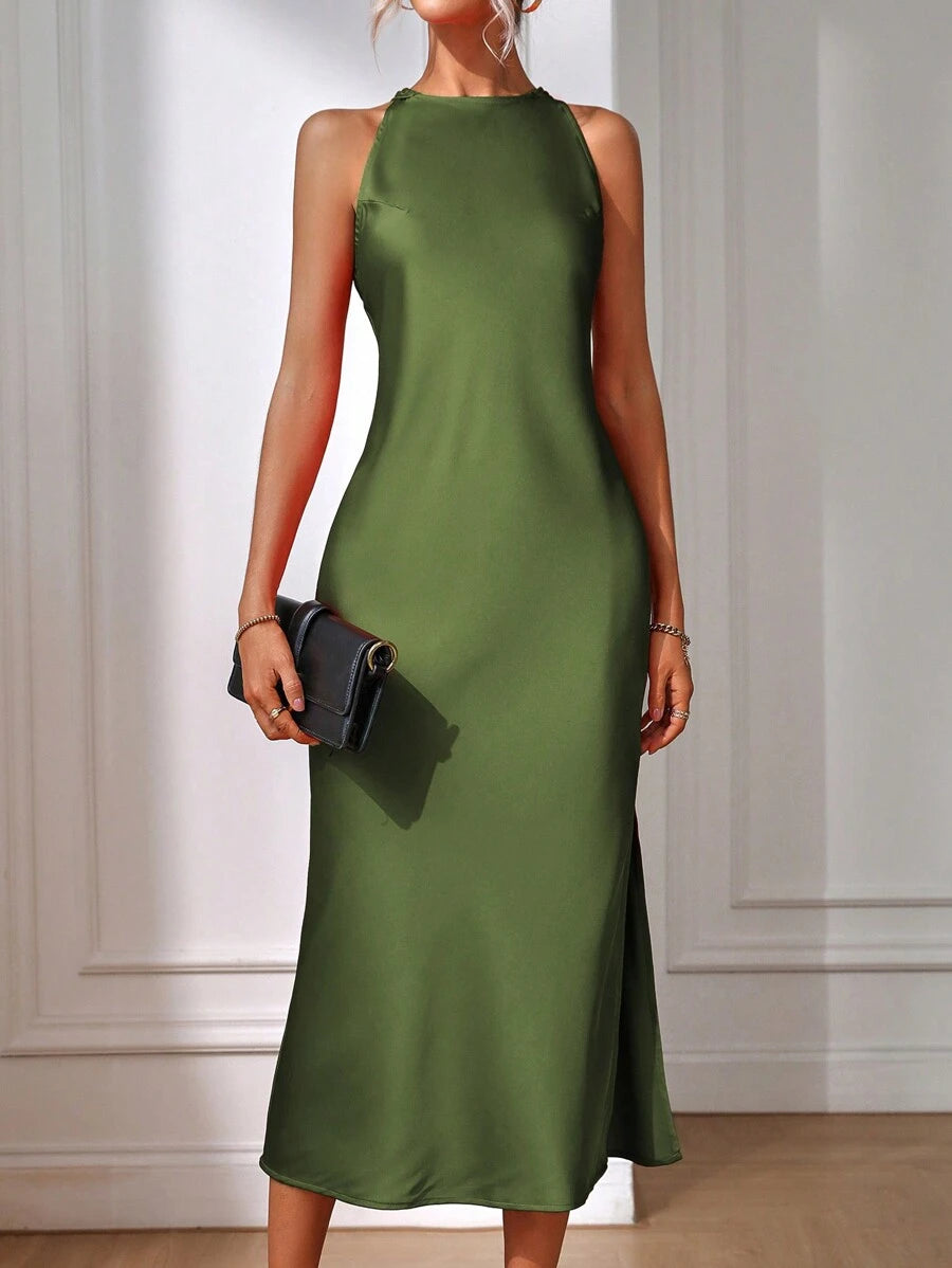 Robe Maxi Fendue Verte Élégante en Soie