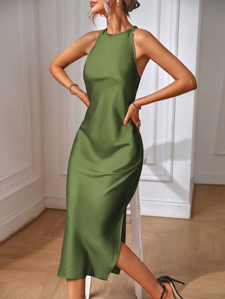 Robe Maxi Fendue Verte Élégante en Soie
