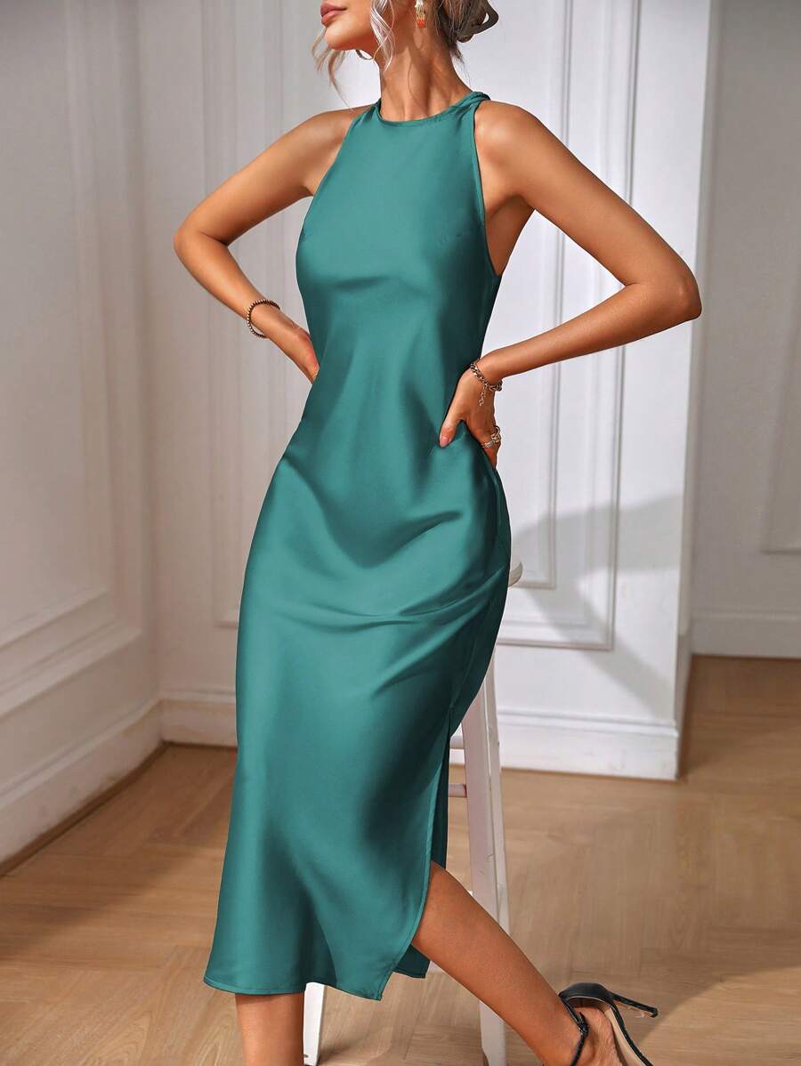 Robe Maxi Fendue Verte Élégante en Soie
