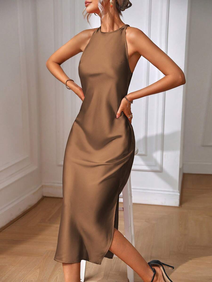 Robe Maxi Fendue Verte Élégante en Soie