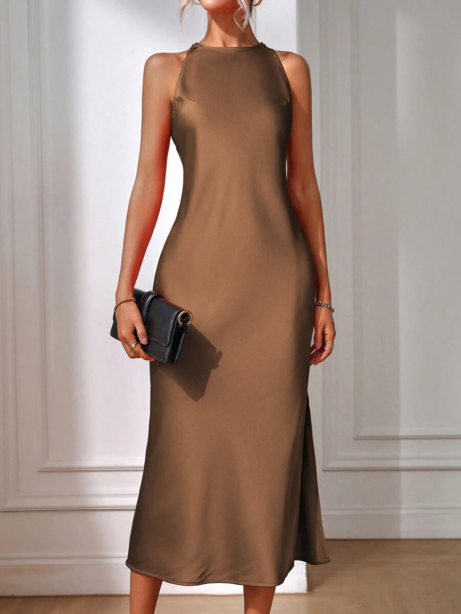 Robe Maxi Fendue Verte Élégante en Soie
