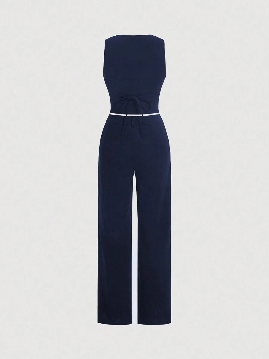 Tailleur Femme Bleu – Veste Boutonnée & Pantalon