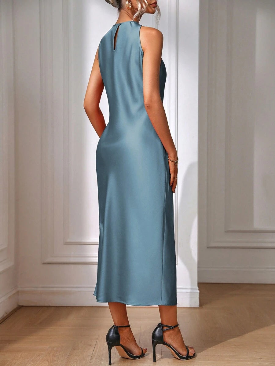 Robe Maxi Fendue Verte Élégante en Soie