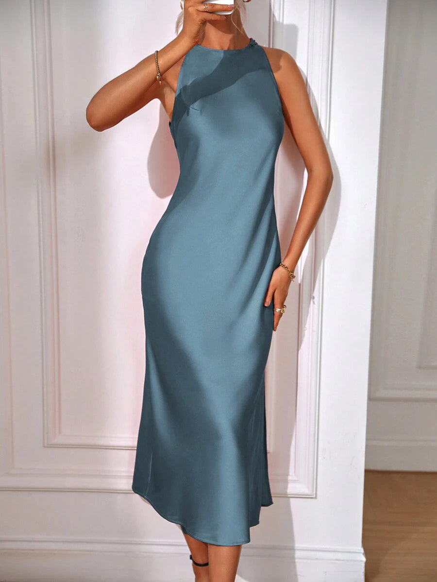 Robe Maxi Fendue Verte Élégante en Soie