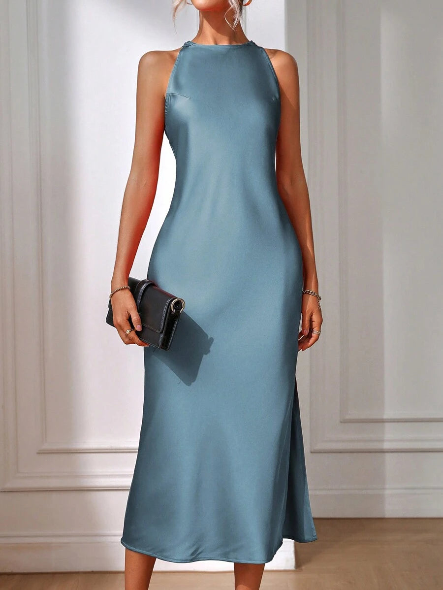 Robe Maxi Fendue Verte Élégante en Soie