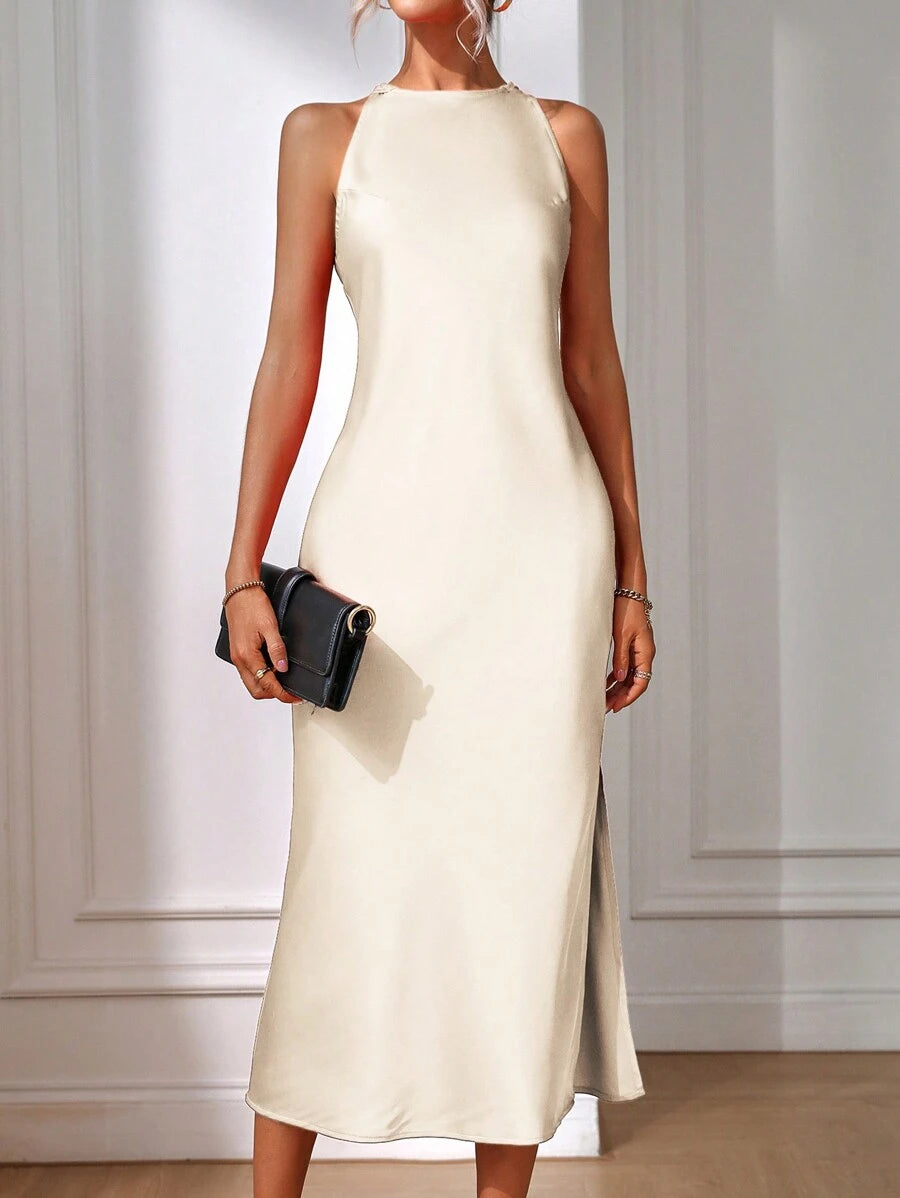 Robe Maxi Fendue Verte Élégante en Soie
