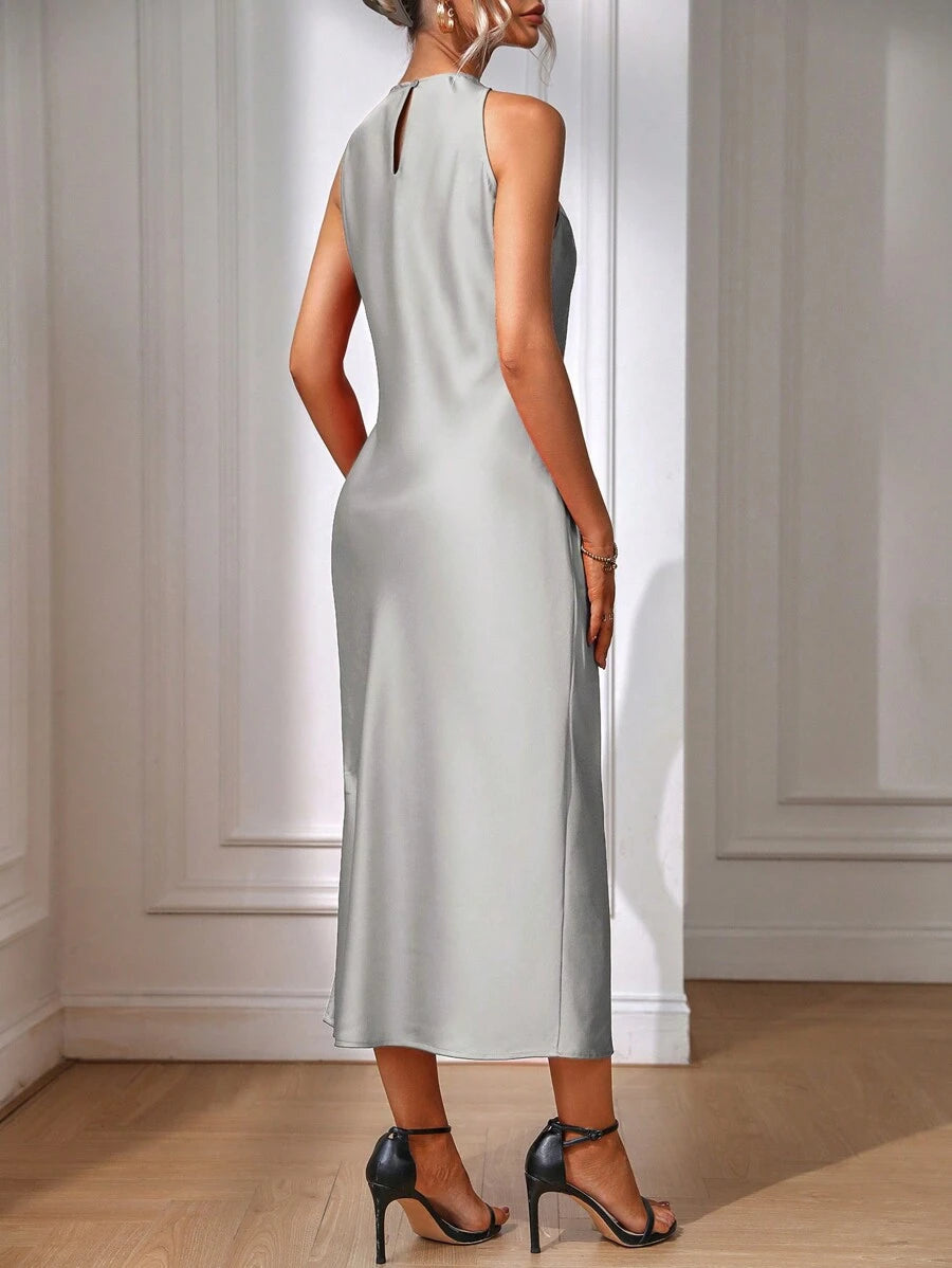 Robe Maxi Fendue Verte Élégante en Soie
