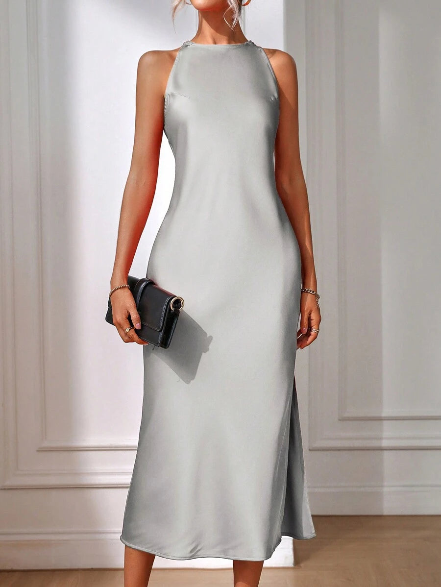 Robe Maxi Fendue Verte Élégante en Soie
