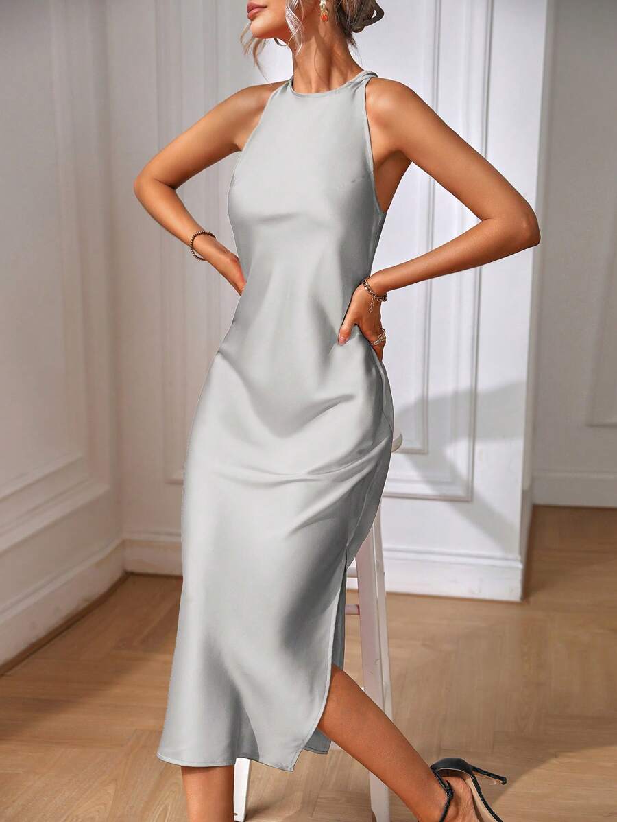 Robe Maxi Fendue Verte Élégante en Soie