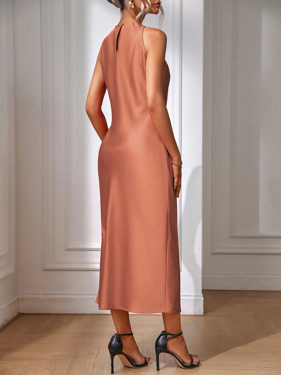 Robe Maxi Fendue Verte Élégante en Soie