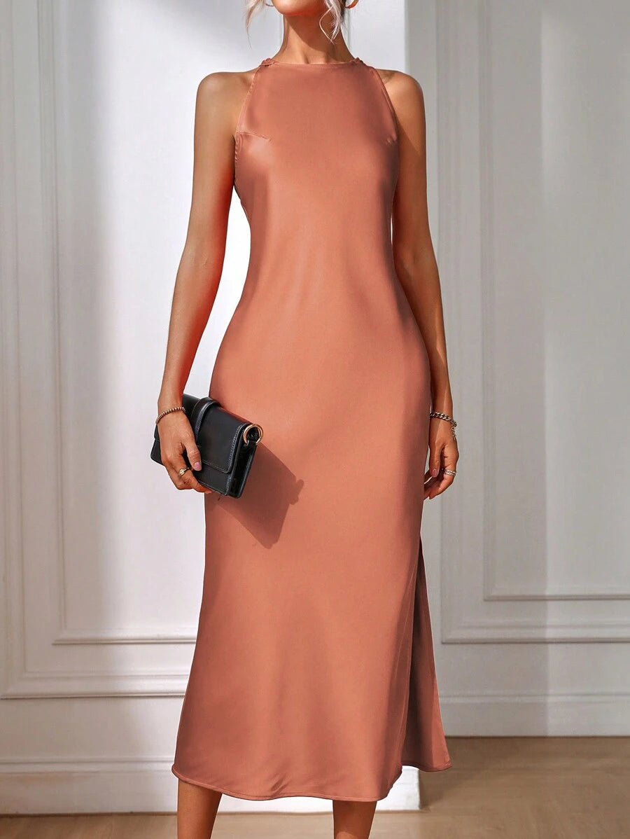 Robe Maxi Fendue Verte Élégante en Soie
