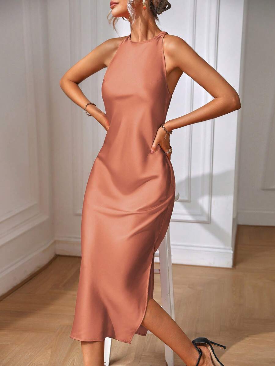 Robe Maxi Fendue Verte Élégante en Soie