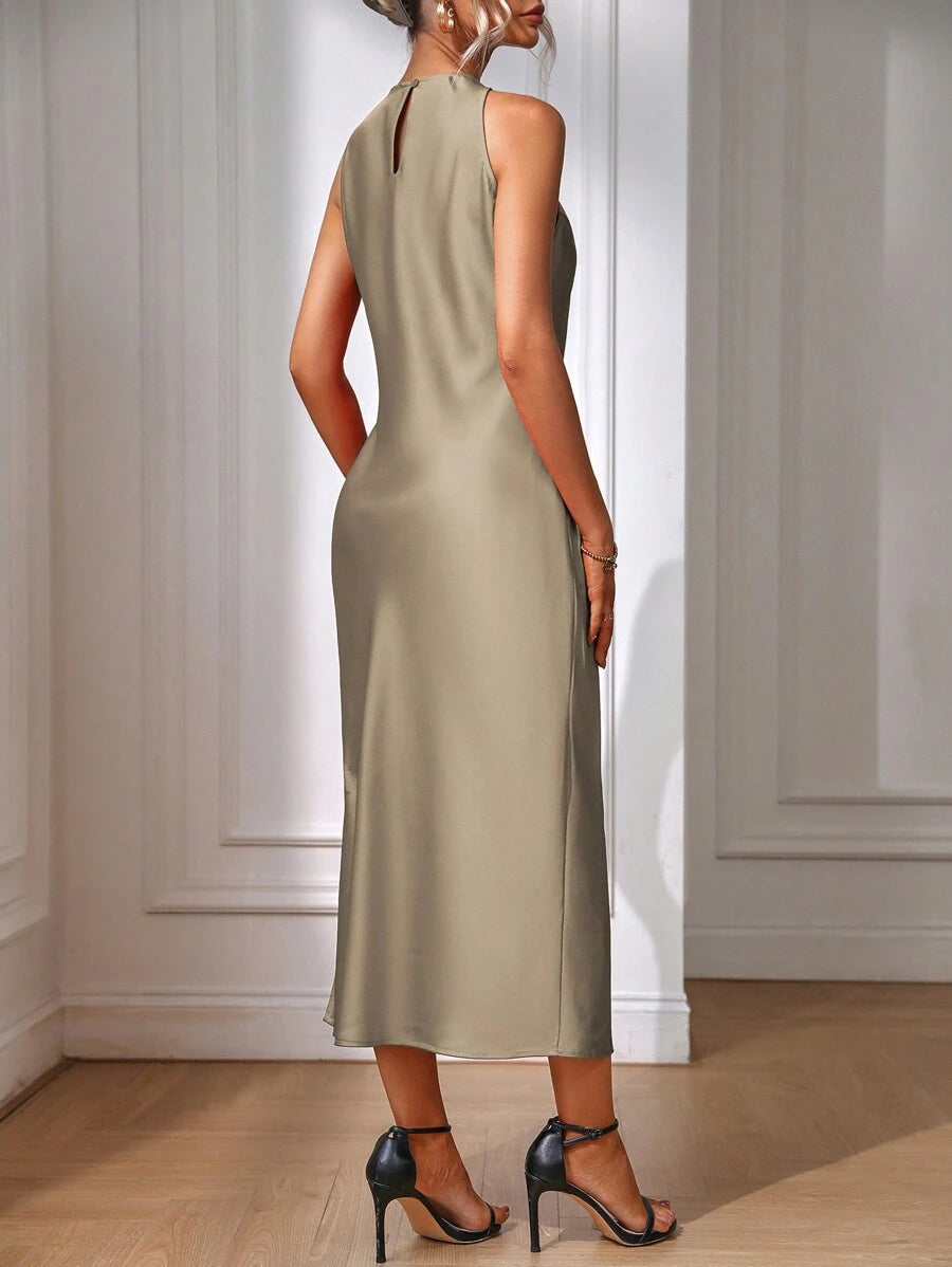 Robe Maxi Fendue Verte Élégante en Soie