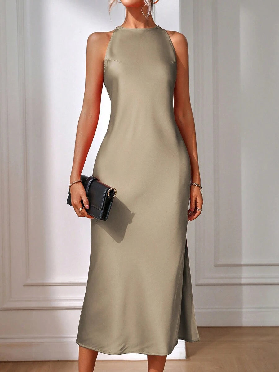Robe Maxi Fendue Verte Élégante en Soie