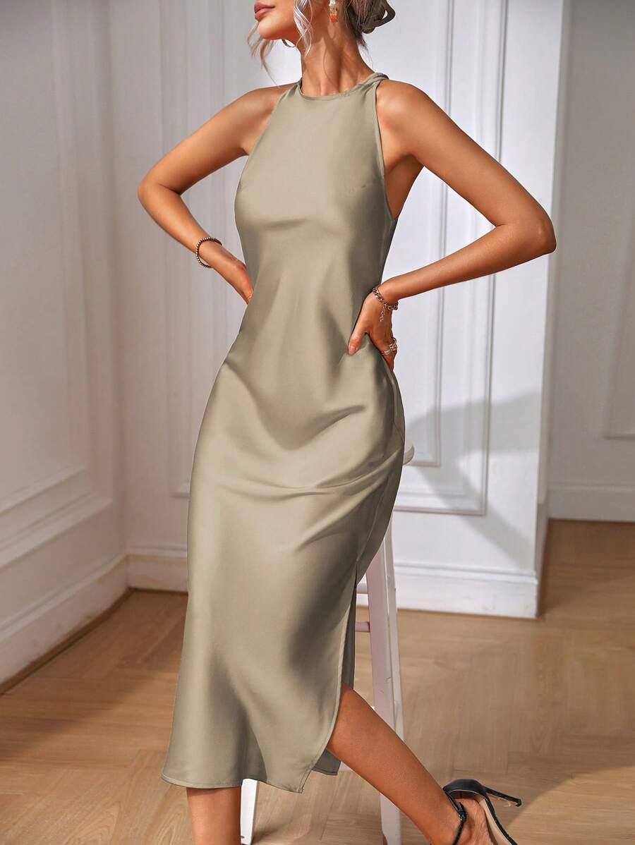 Robe Maxi Fendue Verte Élégante en Soie